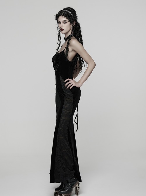 Black Elastic Velvet Chest 3D Pleats Splicing Hollow Lace Dark Heart Design Elegant Small Fishtail Gothic Style Slip Long Dress