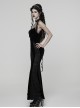 Black Elastic Velvet Chest 3D Pleats Splicing Hollow Lace Dark Heart Design Elegant Small Fishtail Gothic Style Slip Long Dress