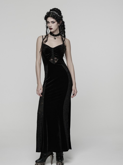 Black Elastic Velvet Chest 3D Pleats Splicing Hollow Lace Dark Heart Design Elegant Small Fishtail Gothic Style Slip Long Dress
