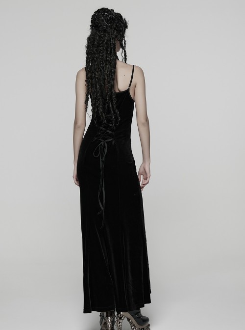 Black Elastic Velvet Chest 3D Pleats Splicing Hollow Lace Dark Heart Design Elegant Small Fishtail Gothic Style Slip Long Dress