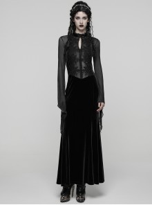 Black Vintage Velvet Splicing Mesh Long Sleeves Ruffled Neckline Front Lace Trims Glass Stones Pendants Irregular Cuffs Gothic Style Long Dress