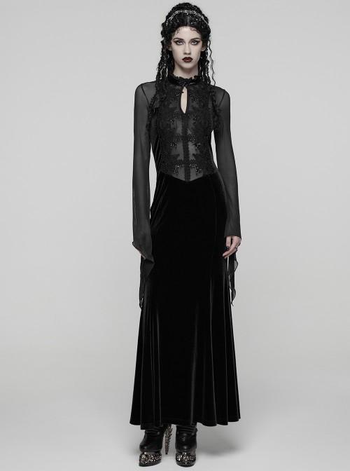 Black Vintage Velvet Splicing Mesh Long Sleeves Ruffled Neckline Front Lace Trims Glass Stones Pendants Irregular Cuffs Gothic Style Long Dress
