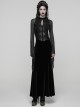 Black Vintage Velvet Splicing Mesh Long Sleeves Ruffled Neckline Front Lace Trims Glass Stones Pendants Irregular Cuffs Gothic Style Long Dress