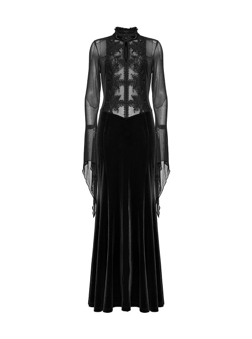 Black Vintage Velvet Splicing Mesh Long Sleeves Ruffled Neckline Front Lace Trims Glass Stones Pendants Irregular Cuffs Gothic Style Long Dress