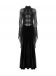 Black Vintage Velvet Splicing Mesh Long Sleeves Ruffled Neckline Front Lace Trims Glass Stones Pendants Irregular Cuffs Gothic Style Long Dress