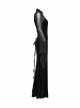 Black Vintage Velvet Splicing Mesh Long Sleeves Ruffled Neckline Front Lace Trims Glass Stones Pendants Irregular Cuffs Gothic Style Long Dress