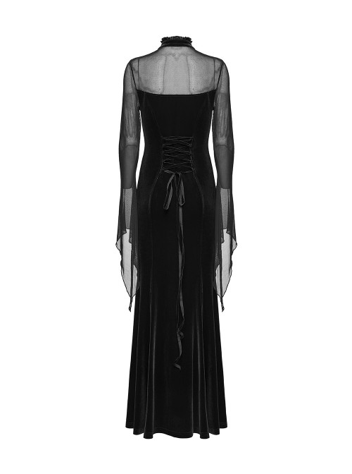 Black Vintage Velvet Splicing Mesh Long Sleeves Ruffled Neckline Front Lace Trims Glass Stones Pendants Irregular Cuffs Gothic Style Long Dress