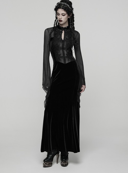 Black Vintage Velvet Splicing Mesh Long Sleeves Ruffled Neckline Front Lace Trims Glass Stones Pendants Irregular Cuffs Gothic Style Long Dress