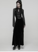 Black Vintage Velvet Splicing Mesh Long Sleeves Ruffled Neckline Front Lace Trims Glass Stones Pendants Irregular Cuffs Gothic Style Long Dress