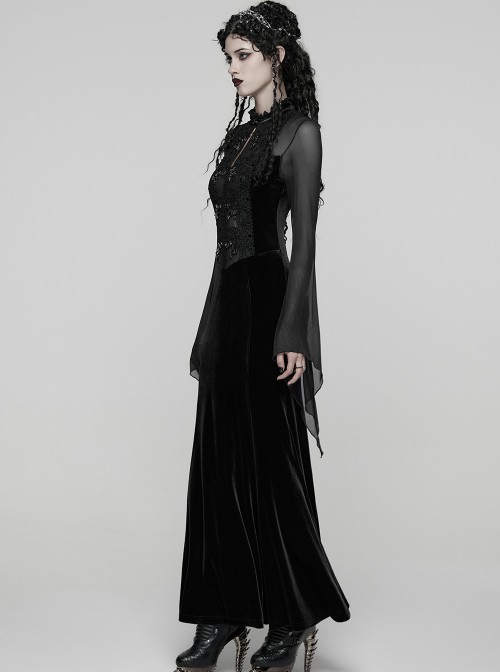 Black Vintage Velvet Splicing Mesh Long Sleeves Ruffled Neckline Front Lace Trims Glass Stones Pendants Irregular Cuffs Gothic Style Long Dress