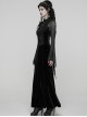 Black Vintage Velvet Splicing Mesh Long Sleeves Ruffled Neckline Front Lace Trims Glass Stones Pendants Irregular Cuffs Gothic Style Long Dress