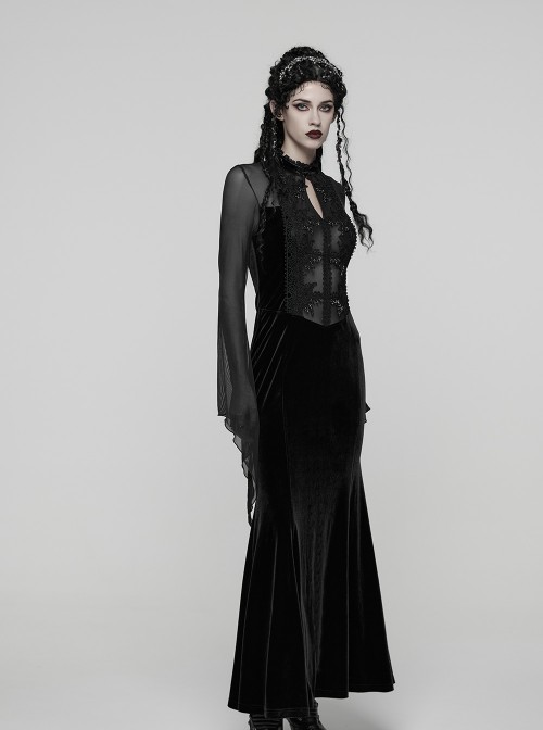 Black Vintage Velvet Splicing Mesh Long Sleeves Ruffled Neckline Front Lace Trims Glass Stones Pendants Irregular Cuffs Gothic Style Long Dress