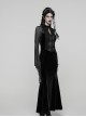 Black Vintage Velvet Splicing Mesh Long Sleeves Ruffled Neckline Front Lace Trims Glass Stones Pendants Irregular Cuffs Gothic Style Long Dress