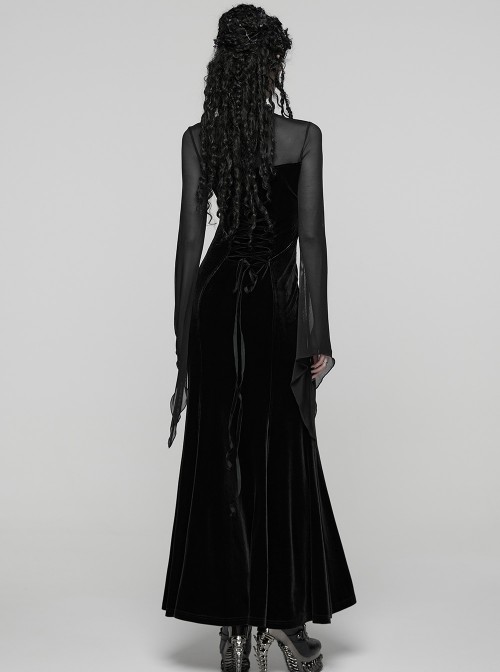 Black Vintage Velvet Splicing Mesh Long Sleeves Ruffled Neckline Front Lace Trims Glass Stones Pendants Irregular Cuffs Gothic Style Long Dress