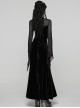 Black Vintage Velvet Splicing Mesh Long Sleeves Ruffled Neckline Front Lace Trims Glass Stones Pendants Irregular Cuffs Gothic Style Long Dress