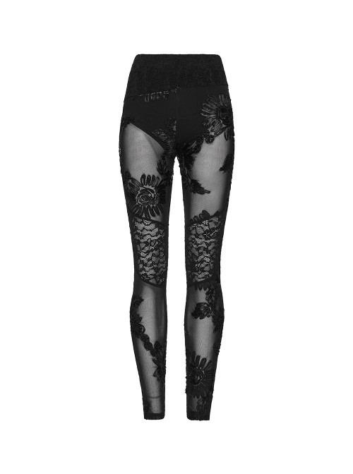 Black Stretch Knitted Underpants Splicing Translucent 3D Floral Mesh Lace Gothic Style Leggings