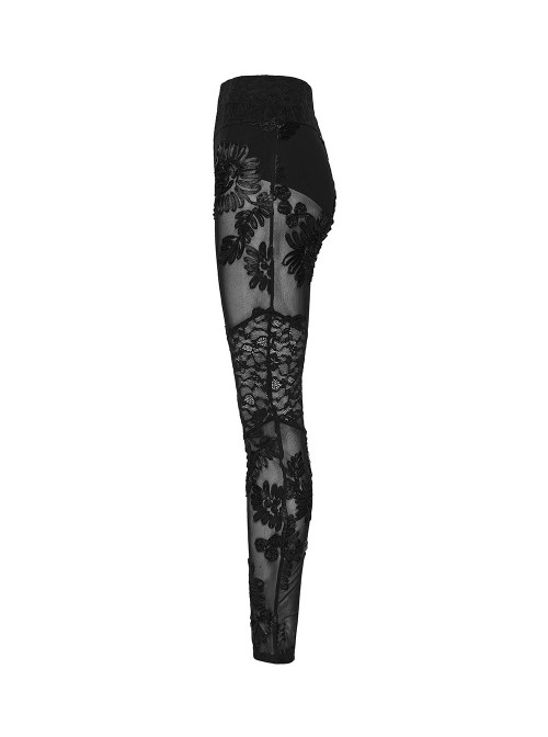 Black Stretch Knitted Underpants Splicing Translucent 3D Floral Mesh Lace Gothic Style Leggings
