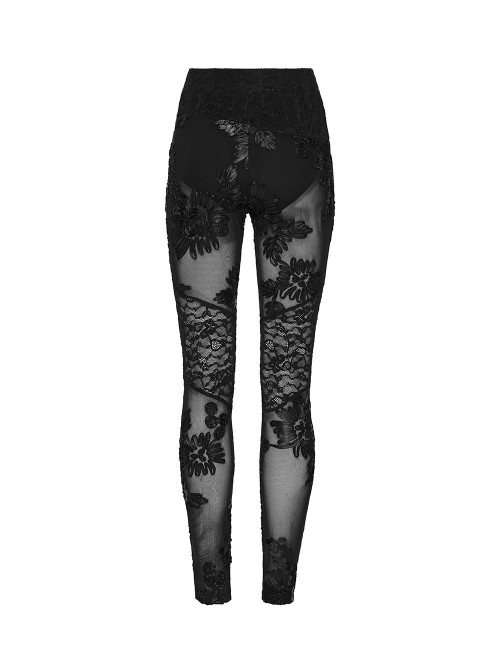 Black Stretch Knitted Underpants Splicing Translucent 3D Floral Mesh Lace Gothic Style Leggings