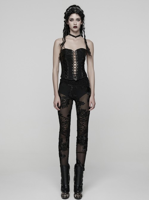 Black Stretch Knitted Underpants Splicing Translucent 3D Floral Mesh Lace Gothic Style Leggings