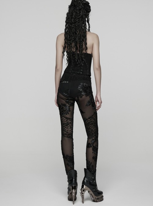 Black Stretch Knitted Underpants Splicing Translucent 3D Floral Mesh Lace Gothic Style Leggings