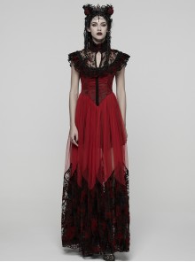 Black Red Color Blocking Perspective Flocking Mesh Splicing Rose Lace Stand Up Layered Collar Flying Sleeves Gothic Style Long Dress