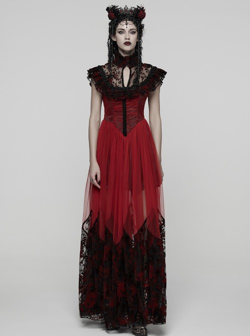 Black Red Color Blocking Perspective Flocking Mesh Splicing Rose Lace Stand Up Layered Collar Flying Sleeves Gothic Style Long Dress