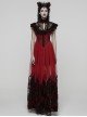 Black Red Color Blocking Perspective Flocking Mesh Splicing Rose Lace Stand Up Layered Collar Flying Sleeves Gothic Style Long Dress