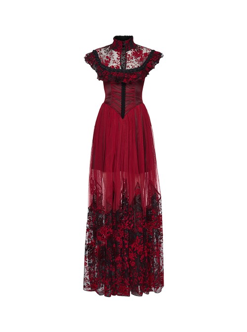 Black Red Color Blocking Perspective Flocking Mesh Splicing Rose Lace Stand Up Layered Collar Flying Sleeves Gothic Style Long Dress