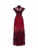 Black Red Color Blocking Perspective Flocking Mesh Splicing Rose Lace Stand Up Layered Collar Flying Sleeves Gothic Style Long Dress