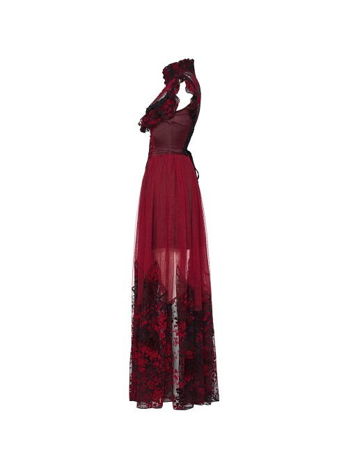 Black Red Color Blocking Perspective Flocking Mesh Splicing Rose Lace Stand Up Layered Collar Flying Sleeves Gothic Style Long Dress