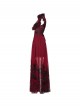 Black Red Color Blocking Perspective Flocking Mesh Splicing Rose Lace Stand Up Layered Collar Flying Sleeves Gothic Style Long Dress