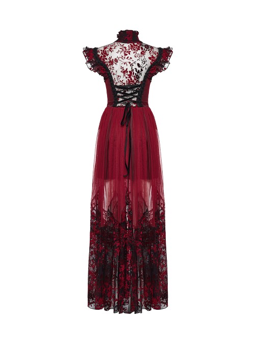 Black Red Color Blocking Perspective Flocking Mesh Splicing Rose Lace Stand Up Layered Collar Flying Sleeves Gothic Style Long Dress