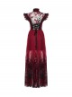 Black Red Color Blocking Perspective Flocking Mesh Splicing Rose Lace Stand Up Layered Collar Flying Sleeves Gothic Style Long Dress