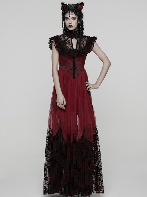 Black Red Color Blocking Perspective Flocking Mesh Splicing Rose Lace Stand Up Layered Collar Flying Sleeves Gothic Style Long Dress