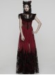 Black Red Color Blocking Perspective Flocking Mesh Splicing Rose Lace Stand Up Layered Collar Flying Sleeves Gothic Style Long Dress