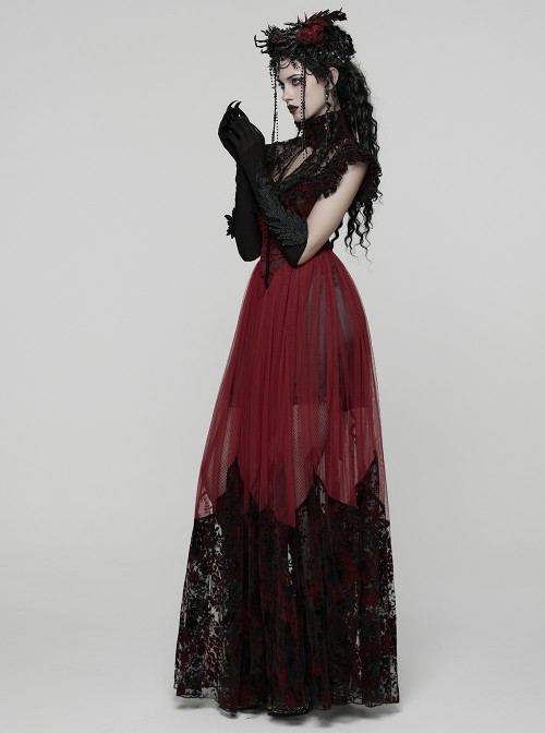 Black Red Color Blocking Perspective Flocking Mesh Splicing Rose Lace Stand Up Layered Collar Flying Sleeves Gothic Style Long Dress