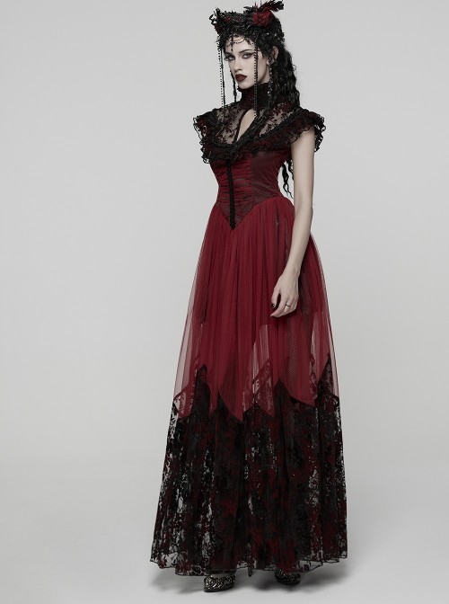 Black Red Color Blocking Perspective Flocking Mesh Splicing Rose Lace Stand Up Layered Collar Flying Sleeves Gothic Style Long Dress