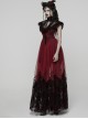 Black Red Color Blocking Perspective Flocking Mesh Splicing Rose Lace Stand Up Layered Collar Flying Sleeves Gothic Style Long Dress