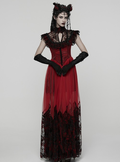 Black Red Color Blocking Perspective Flocking Mesh Splicing Rose Lace Stand Up Layered Collar Flying Sleeves Gothic Style Long Dress