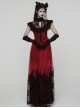 Black Red Color Blocking Perspective Flocking Mesh Splicing Rose Lace Stand Up Layered Collar Flying Sleeves Gothic Style Long Dress