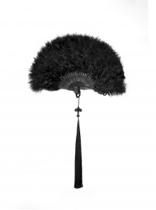 Black Feather Carved Handle Drooping Tassel Cross-Carved Pendant New Chinese Style Fan