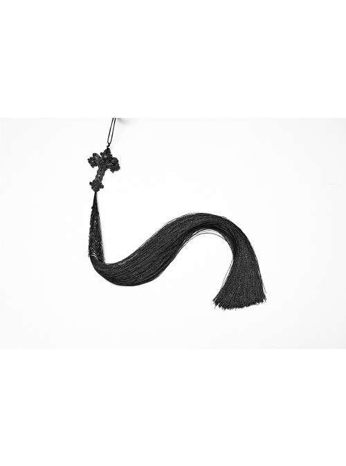 Black Feather Carved Handle Drooping Tassel Cross-Carved Pendant New Chinese Style Fan