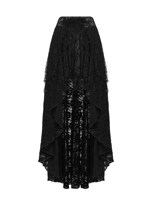 Black Tie-Dyed Velvet 3D Spider Web Lace High-Low Design Hem Gothic Style Skirt