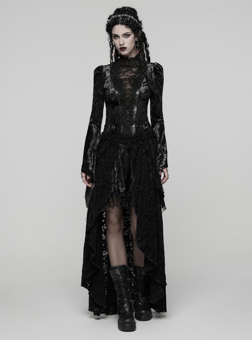 Black Tie-Dyed Velvet 3D Spider Web Lace High-Low Design Hem Gothic Style Skirt