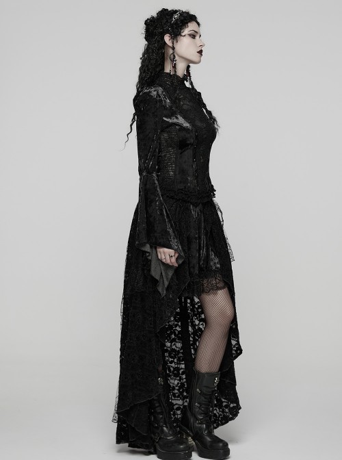 Black Tie-Dyed Velvet 3D Spider Web Lace High-Low Design Hem Gothic Style Skirt