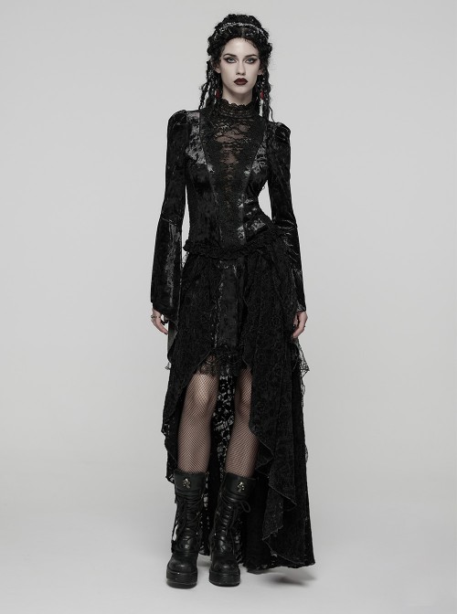 Black Tie-Dyed Velvet 3D Spider Web Lace High-Low Design Hem Gothic Style Skirt