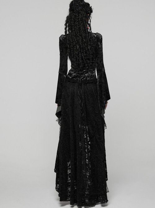 Black Tie-Dyed Velvet 3D Spider Web Lace High-Low Design Hem Gothic Style Skirt