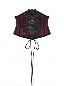 Black Red Artificial Leather Embroidery Appliques Side Zipper Design Gorgeous Gothic Style Cummerbund