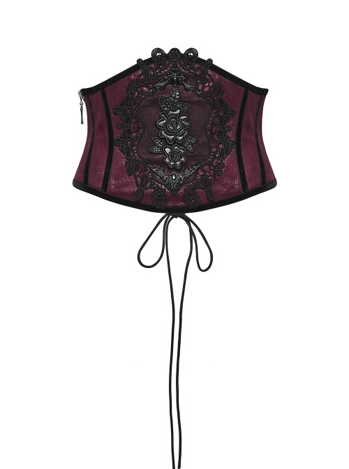 Black Red Artificial Leather Embroidery Appliques Side Zipper Design Gorgeous Gothic Style Cummerbund