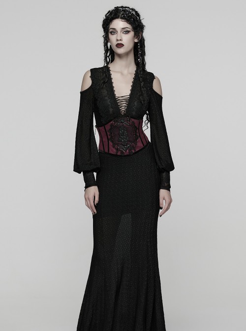 Black Red Artificial Leather Embroidery Appliques Side Zipper Design Gorgeous Gothic Style Cummerbund